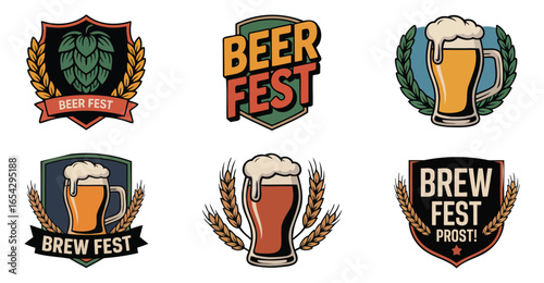 Beer festival logo set with mugs, hops, wheat, and festive ribbons in shield-style designs for brew fest and Oktoberfest themes
