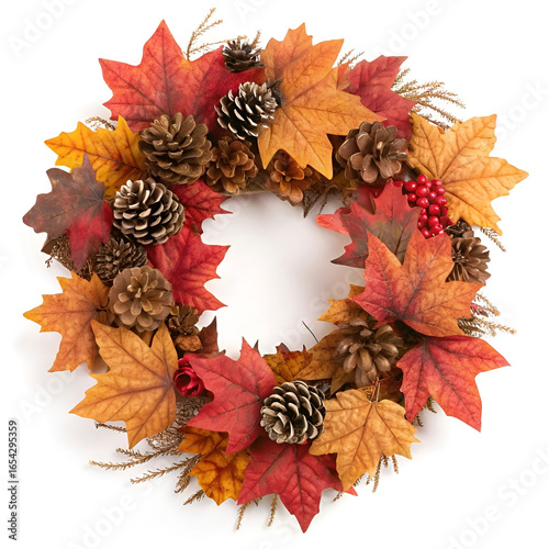 An autumnal wreath made of colorful maple leaves.