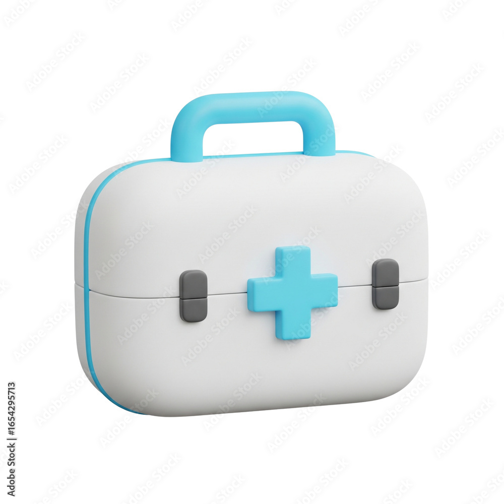 Fototapeta premium Stylized 3D First Aid Kit Icon - Essential Healthcare and Emergency Medical Supplies Box on White Background