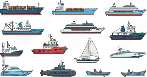 Illustration of various types of water transport vessels on white backdrop