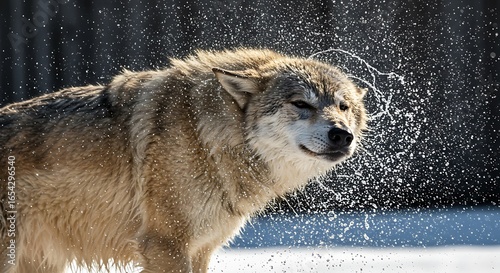 Majestic Wolf Shaking Water, Capturing Dynamic Movement and Sparkling Droplets in Winter