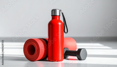 Fitness Lifestyle Thermos Mockup. A glossy red metal thermos placed on a clean, minimalist gym floor next to a rolled-up yoga mat and a single black dumbbell.
