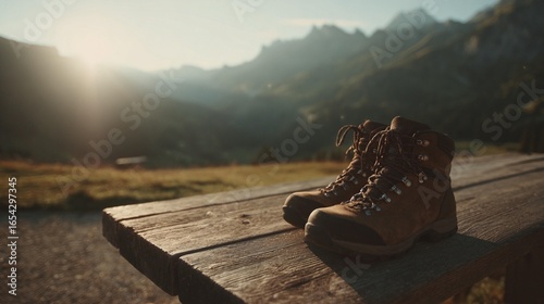 Hiking boots on wooden table outdoors