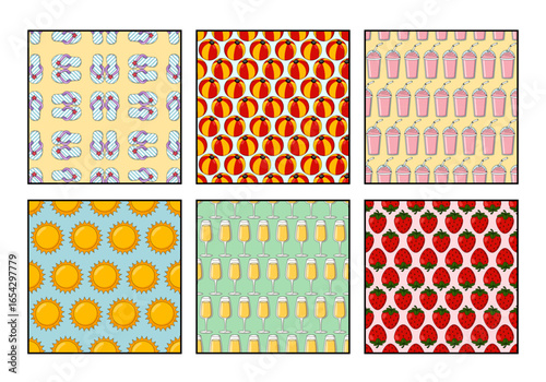 Seamless Summer Pattern Set with Flip Flops, Balls, Cocktails, Sun, Glasses and Strawberries. Colorful Vector Collection for Textile, Wrapping Paper, Invitations and Web Design