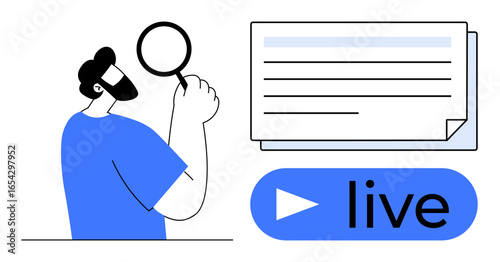 Man holding magnifying glass analyzing data next to document outline and live playback icon. Ideal for online learning, streaming, analysis, research, investigation, media, technology. Simple flat