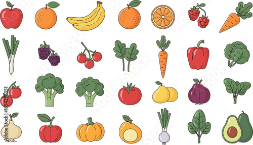 A flat lay illustration of various fruits and vegetables on a background