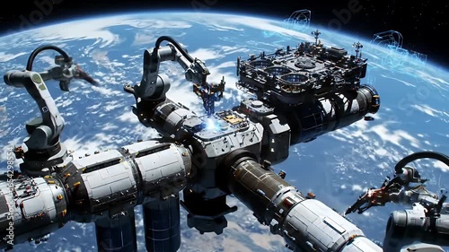 Space station with robotic arms, orbiting Earth