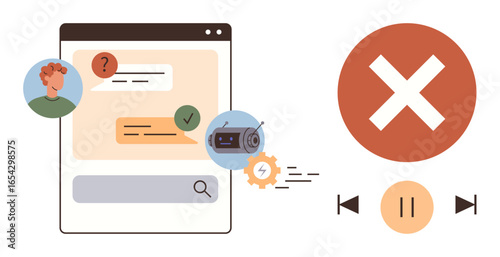 User messaging interface with question and verification, technical glitch icon, and error mark. Ideal for communication, troubleshooting, tech support, UI design, messaging apps, error handling