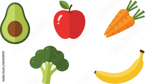 Illustration of avocado apple carrots broccoli and banana on white