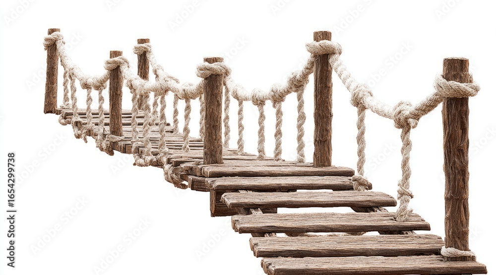 Fototapeta premium Wooden rope bridge, rustic, isolated