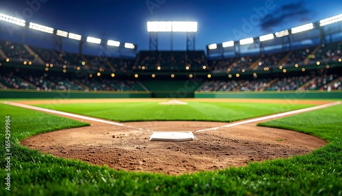 Baseball stadium at night.  Crowd, lights, field