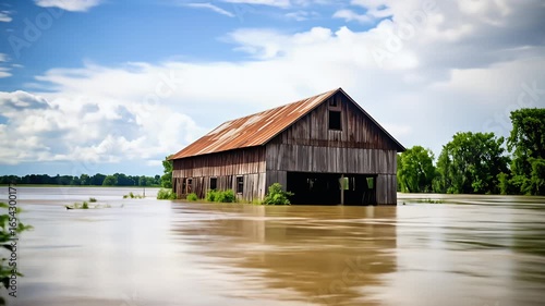 Submerged barn floodwaters rural landscape