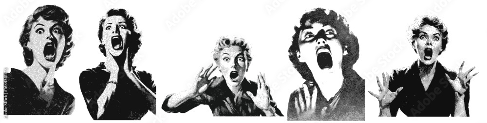 Set of vintage 1950s women screaming in fear, halloween horror halftone grunge vector design elements