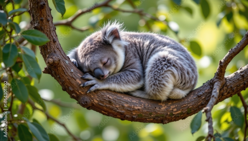 Obraz premium Serene koala photographed in a sleeping pose on a eucalyptus tree branch