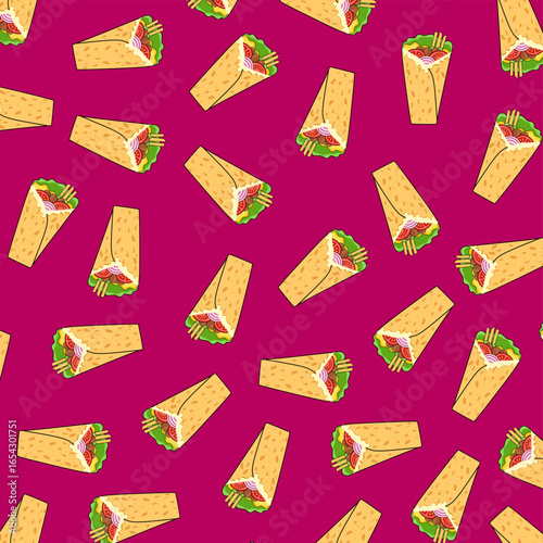 Seamless pattern of Kebab. Background pattern kebab. Hand drawn fast food shawarma. 
