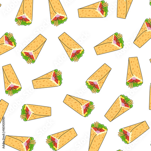 Seamless pattern of Kebab. Background pattern kebab. Hand drawn fast food shawarma. 