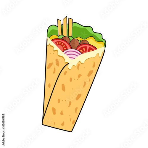 Kebab vector Illustration. Turkish kebab with vegetables on white background