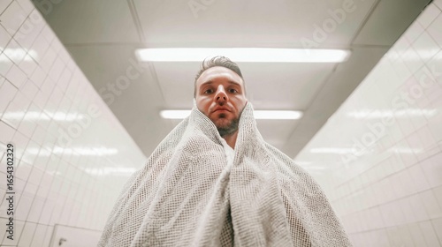Man covered in towel indoor perspective