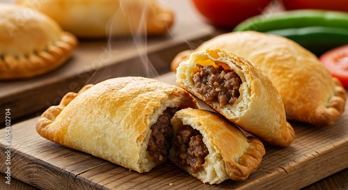 Steaming, Golden Empanadas with Savory Filling on Rustic Wooden Board