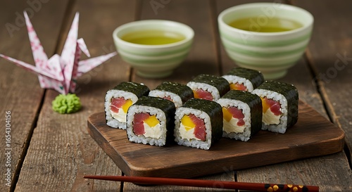 Tuna and Mango Sushi Rolls with Green Tea and Origami Crane on Rustic Wood
