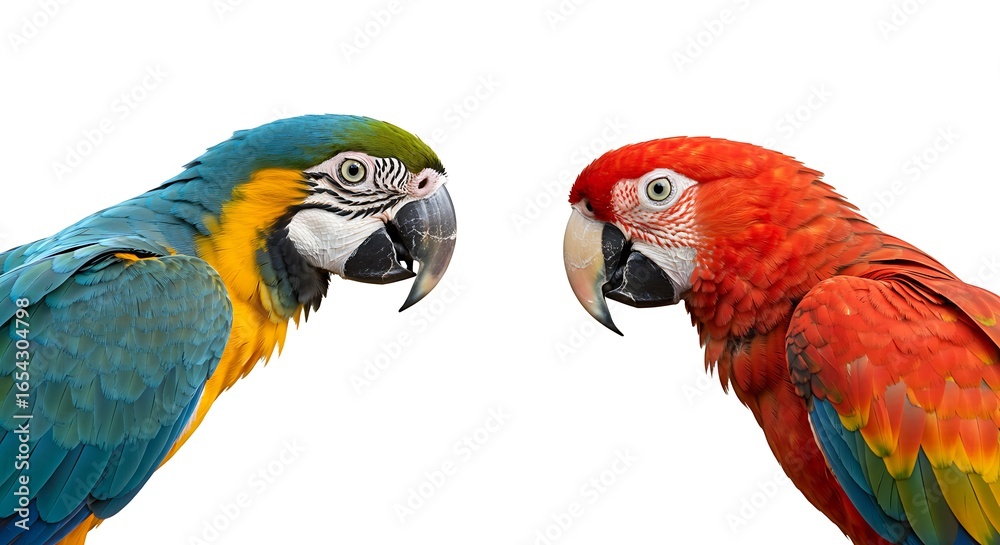 Fototapeta premium Two Colorful Macaws Face Each Other Against a Pure White Background