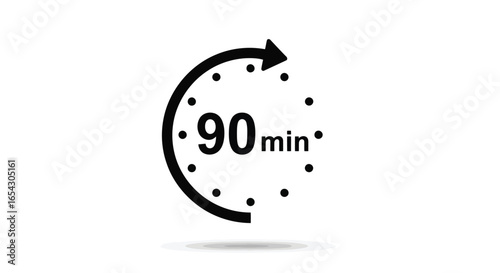 Ninety minutes timer with arrow isolated on white background for management