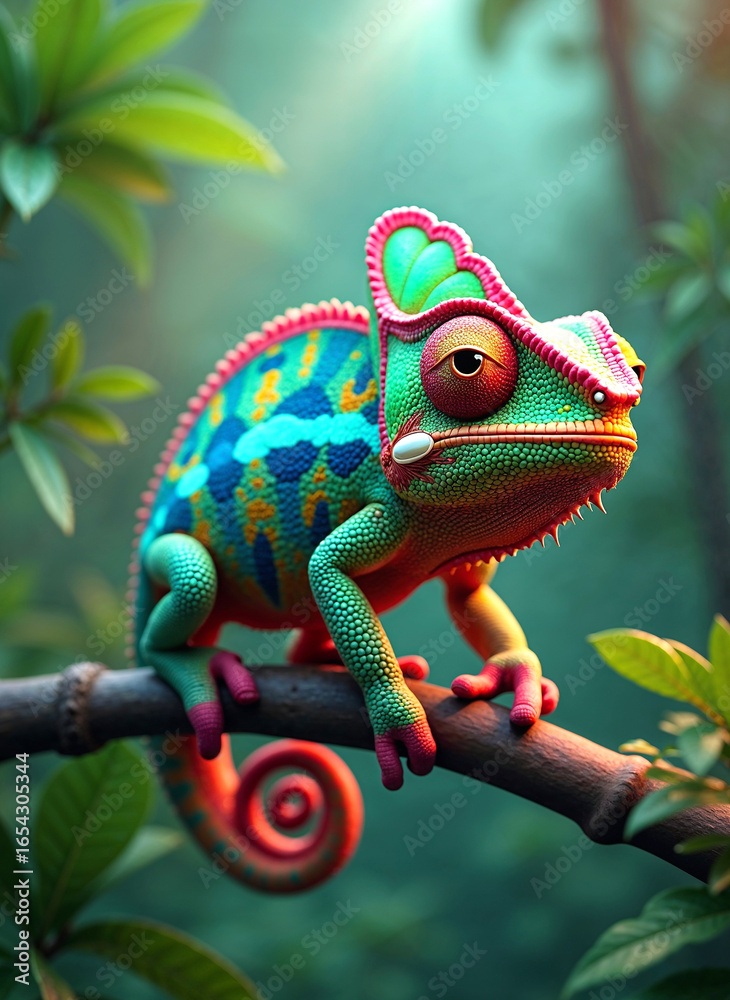 Obraz premium An enchanting and colorful chameleon character resting in a magical, sunlit jungle. This whimsical 3D illustration brings a fantasy creature to life with vibrant colors.