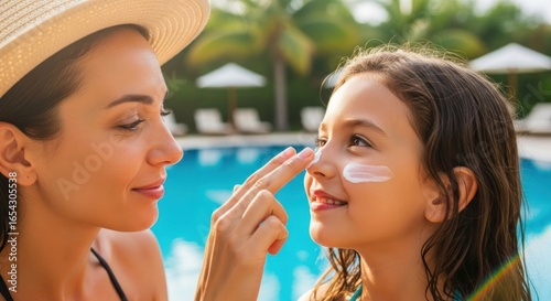 A mother carefully applies sunscreen to her daughter's face by the pool