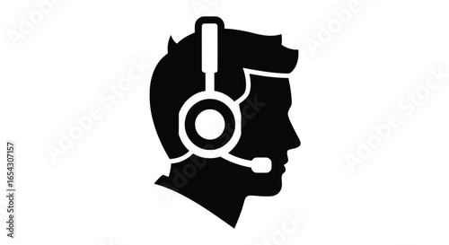 Silhouette of a man with headset isolated on white background for assistance