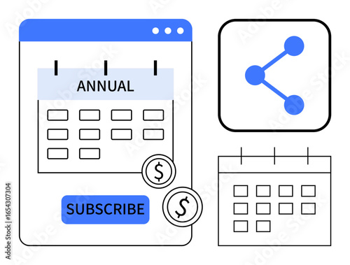 Annual calendar subscription interface, highlighted Subscribe button, dollar coins, and share icon. Ideal for scheduling, subscriptions, costs, online payments, services productivity simple landing
