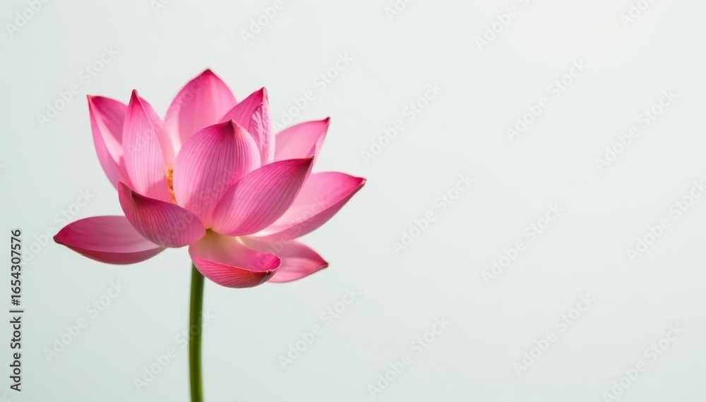 Fototapeta premium Single pink lotus blossom, minimal white backdrop, nature, buddhist, spiritual