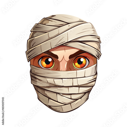 A mysterious mummy face with a bandage wrap and ancient glowing eyes