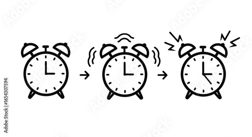 Alarm clock ringing in three stages isolated on white background