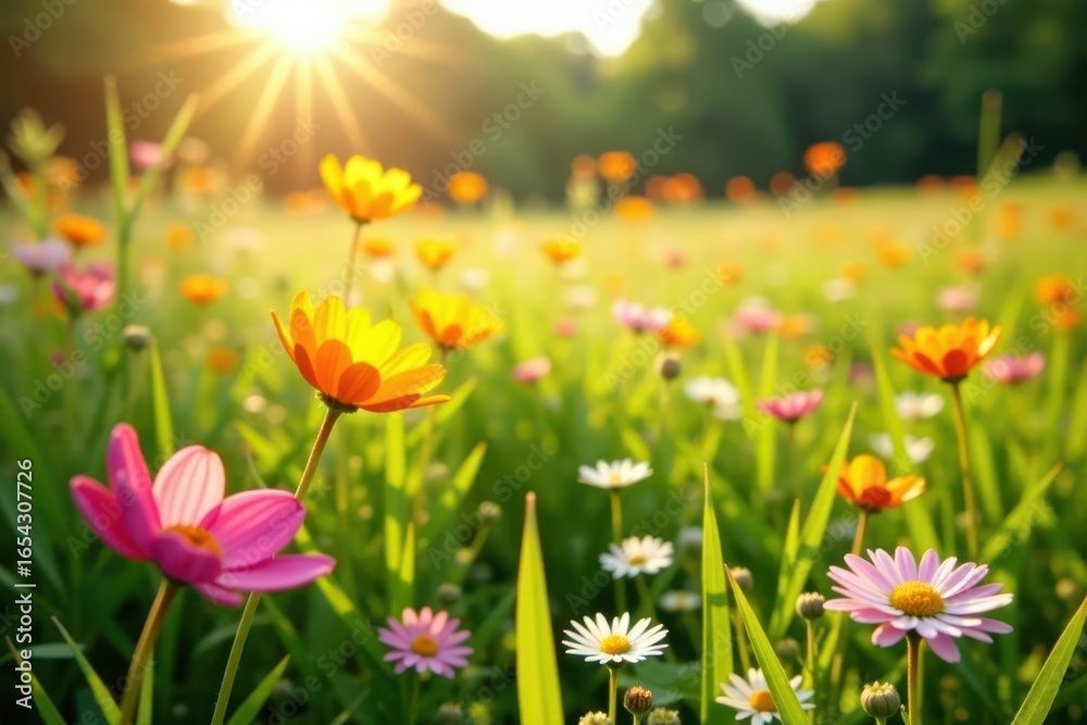 Fototapeta premium Sun-drenched meadow, wildflowers in vibrant bloom, daisy, fresh, spring