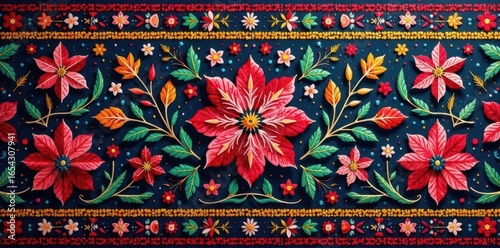 Vibrant floral & geometric textile, traditional highland style, polish folk art, blue, vibrant colors