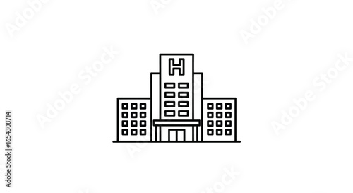Outline drawing of a hospital building isolated on white background