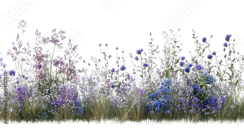 A border of purple and blue wildflowers isolated on transparent background