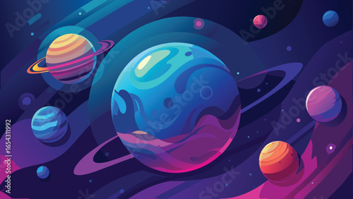 An artistic representation of a space scene showcasing multiple planets and a multitude of stars in a deep space setting..eps