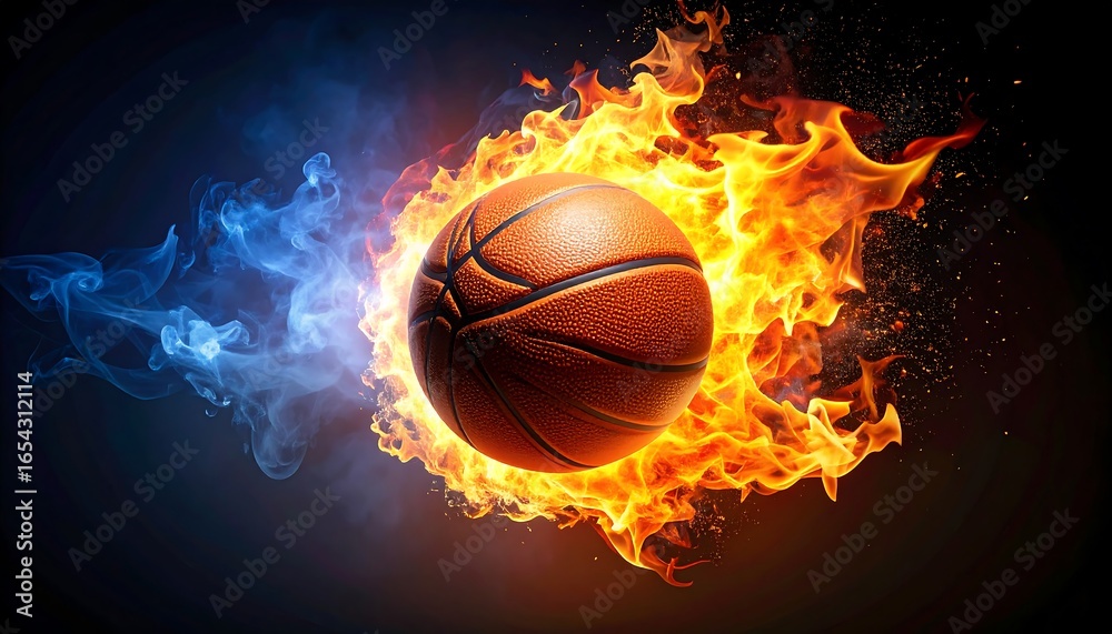 Fototapeta premium A basketball ablaze in fiery passion, surrounded by vibrant smoke, against a dramatic dark background.