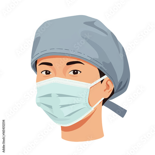 Close-up illustration of a healthcare worker wearing a protective cap and mask.