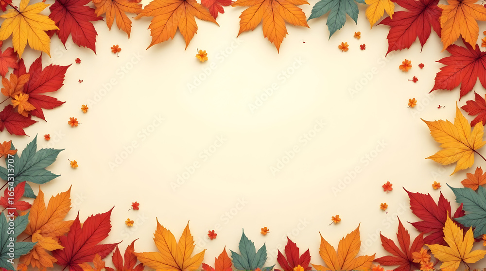 Fototapeta premium Colorful Autumn Leaves Border Frame on Beige Background