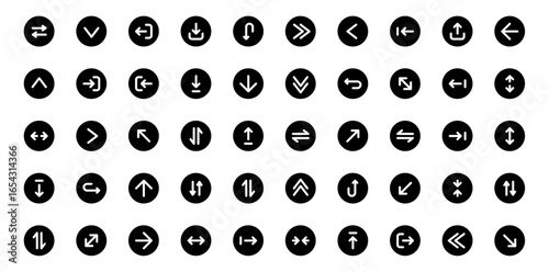 A set of bold, black circular icons featuring various arrows for navigation, user interface, and directional purposes.