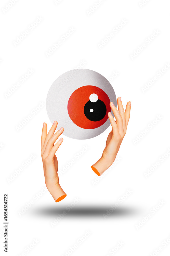 Fototapeta premium Template sketch image composite artwork collage of freemason caricature two hand body fragment hold eyeball focus watch control discover