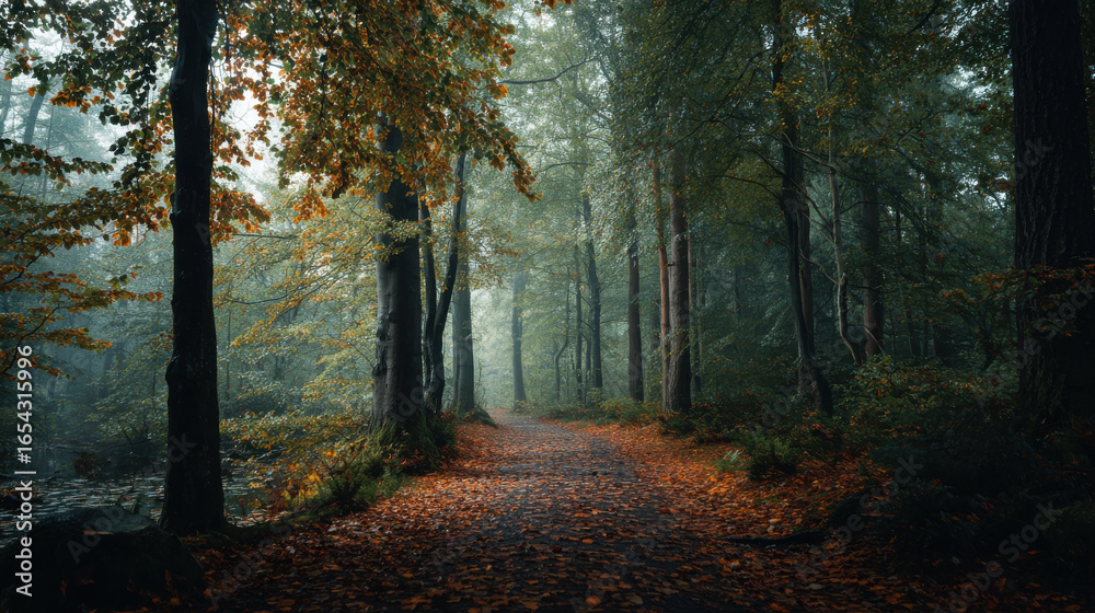 Obraz premium An inviting forest path covered in autumn leaves offers a peaceful and cozy experience.
