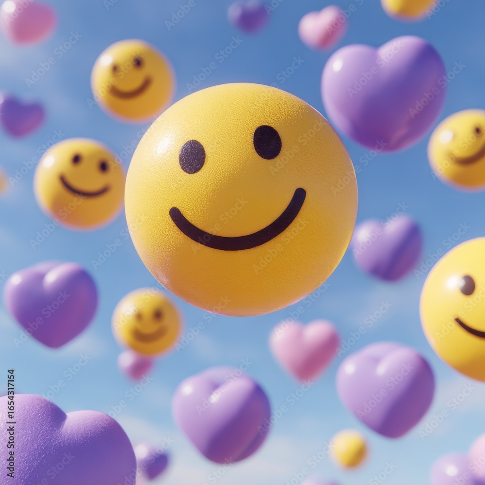 Naklejka premium A Sky Full of Love and Smiles: Yellow Emoji Faces and Pastel Hearts Floating in a Soft, Dreamy Blue Sky.