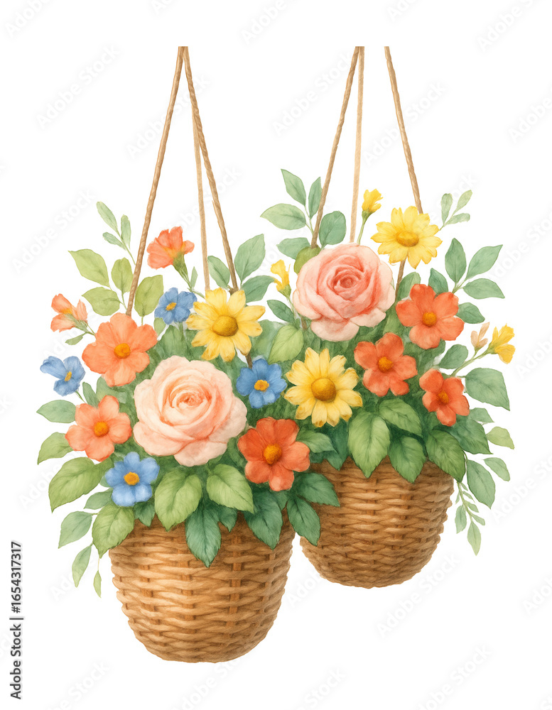 Fototapeta premium Watercolor decorative floral arrangements in hanging baskets.