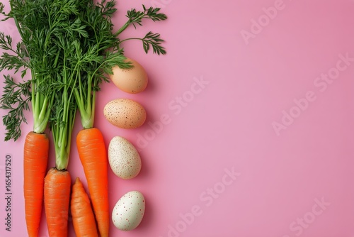 Fresh Vegetables and Eggs Arranged on a Pink Background for a Colorful Culina...