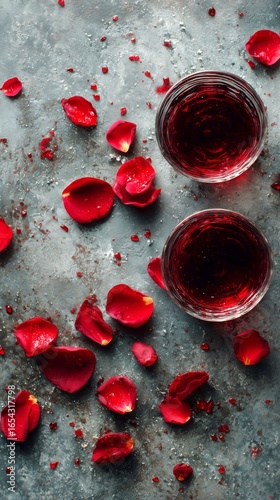 Romantic Evening With Rose Petals and Wine on a Textured Surface in Dim Light.