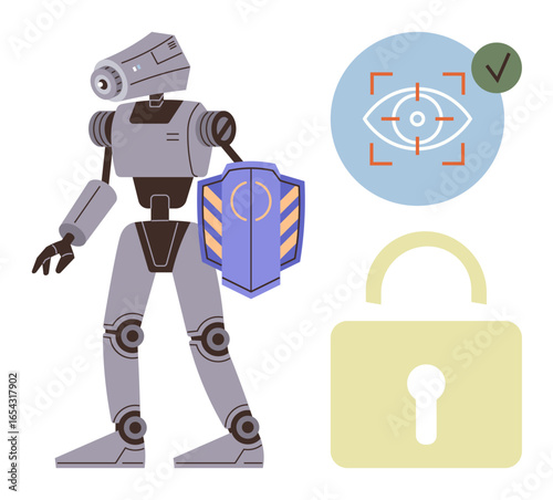 Robot holding shield beside eye scan verification and padlock graphics, emphasizing protection, safety, and futuristic tech. Ideal for cybersecurity, innovation, smart tech, AI, privacy biometrics