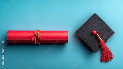 Graduation Cap and Diploma on Blue Background, Symbolizing Academic Achievement and the Concept of Commencement.